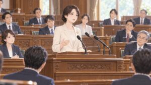 礼を守り静かに演説と議論を行う架空の成人女性議員のアニメ風イラスト