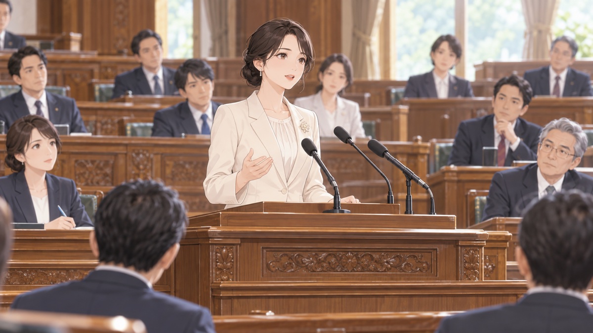 礼を守り静かに演説と議論を行う架空の成人女性議員のアニメ風イラスト