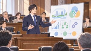 議場で批判より代案を提示する架空の成人男性議員のアニメ風イラスト