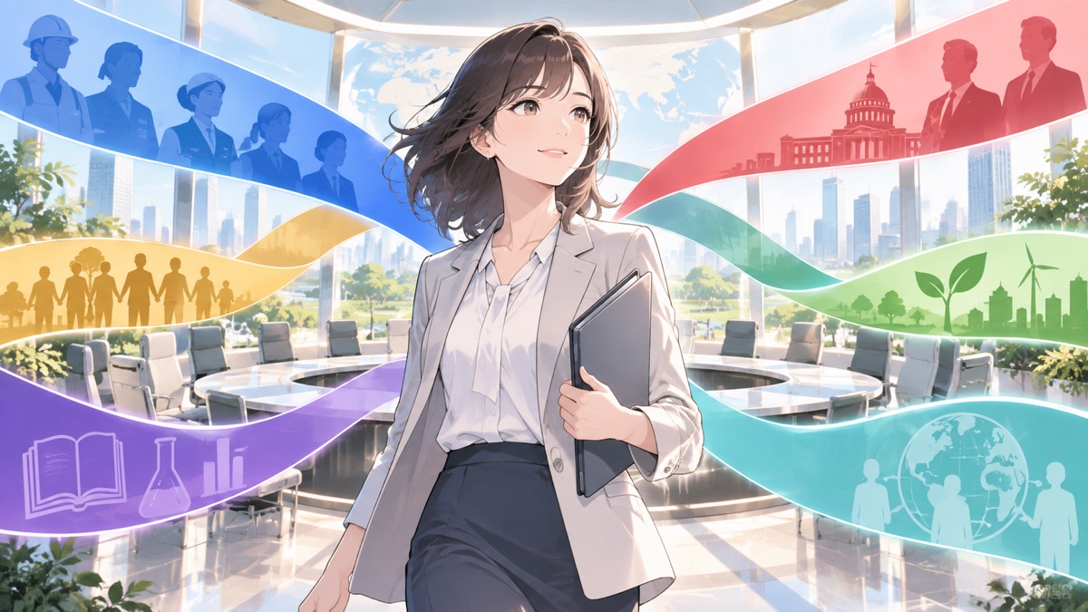 労組と政党の距離や独立性を考える架空の成人女性政策担当者のアニメ風イラスト