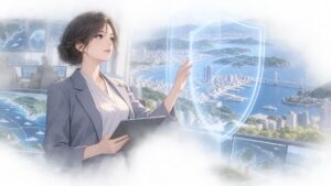 沿岸都市を守る防護計画を確認する架空の成人女性専門家のアニメ風イラスト
