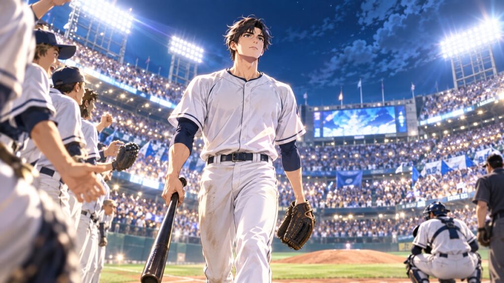 歴史的な大舞台でマウンドへ向かう架空の成人男性野球選手のアニメ風イラスト