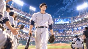 歴史的な大舞台でマウンドへ向かう架空の成人男性野球選手のアニメ風イラスト
