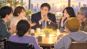 円卓で市民の声に耳を傾ける架空の成人男性政治家のアニメ風イラスト