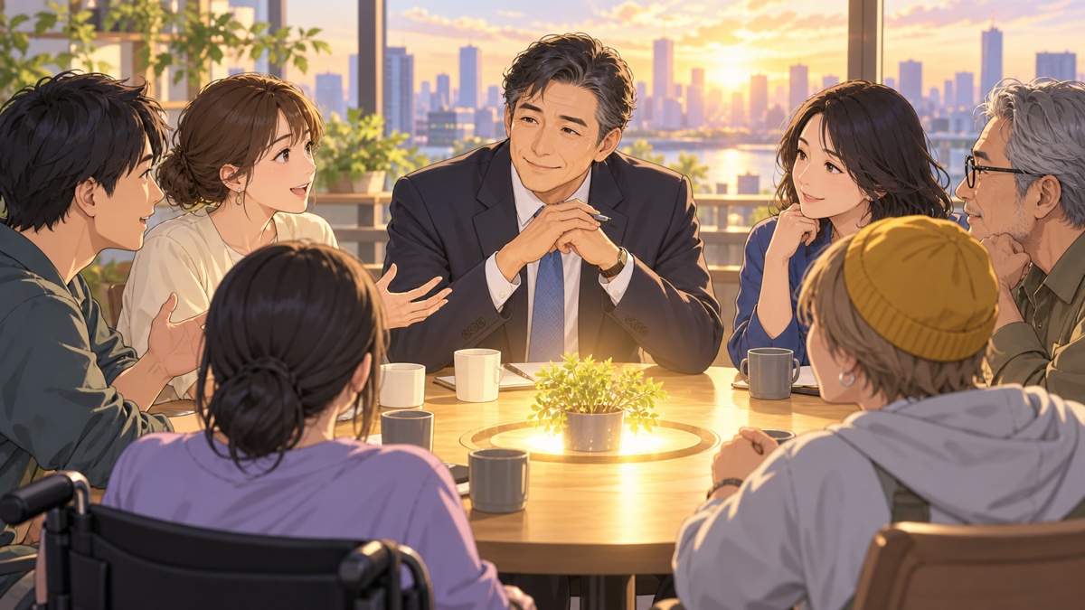 円卓で市民の声に耳を傾ける架空の成人男性政治家のアニメ風イラスト