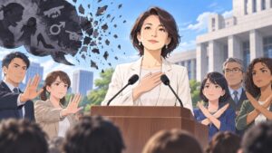 敵対的な言葉に毅然と向き合う架空の成人女性指導者のアニメ風イラスト