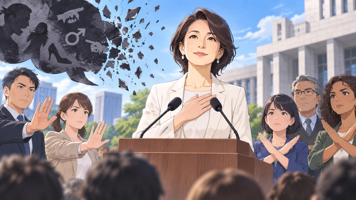 敵対的な言葉に毅然と向き合う架空の成人女性指導者のアニメ風イラスト