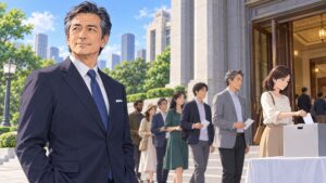 無所属で歩む架空の元指導者を選挙で判断する成人市民のアニメ風イラスト