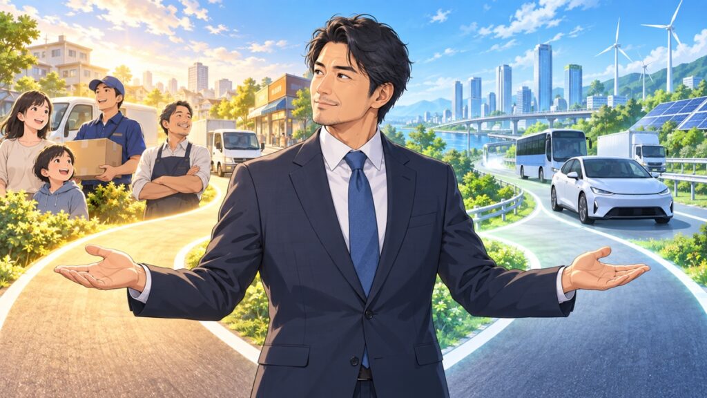暮らしの燃料負担とクリーンエネルギーを比較する成人男性のアニメ風イラスト