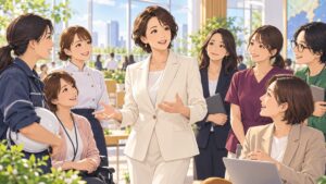 多様な成人女性と対話する架空の成人女性指導者のアニメ風イラスト