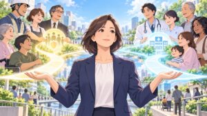 公平な社会保険負担と医療へのアクセスを示す成人女性のアニメ風イラスト
