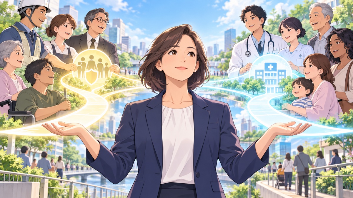 公平な社会保険負担と医療へのアクセスを示す成人女性のアニメ風イラスト