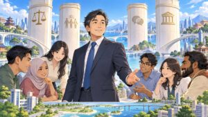 法の支配と人権を柱に地域協力を築く成人男性のアニメ風イラスト