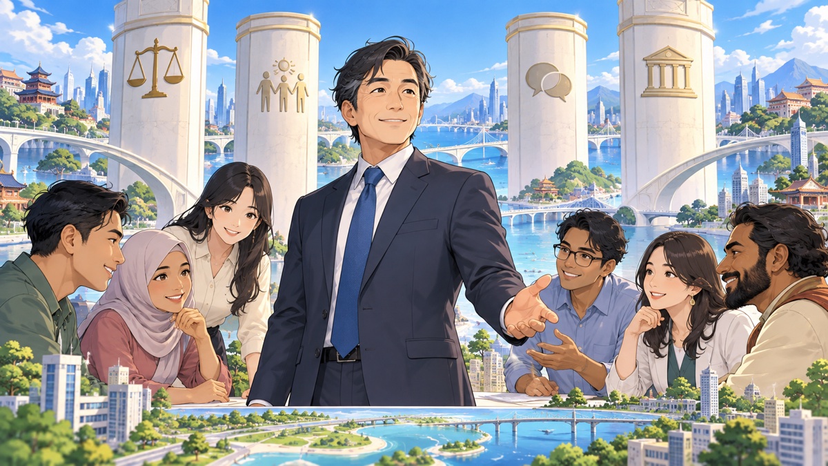 法の支配と人権を柱に地域協力を築く成人男性のアニメ風イラスト