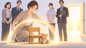 空の椅子とぬいぐるみを保護する成人女性支援員のアニメ風イラスト