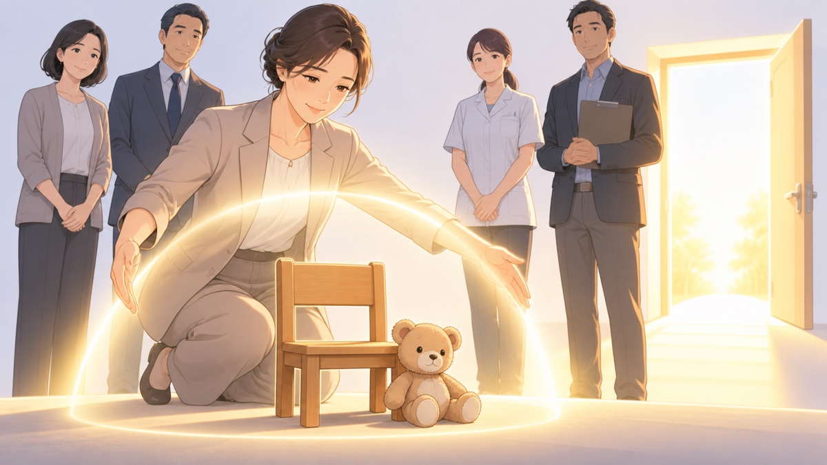空の椅子とぬいぐるみを保護する成人女性支援員のアニメ風イラスト