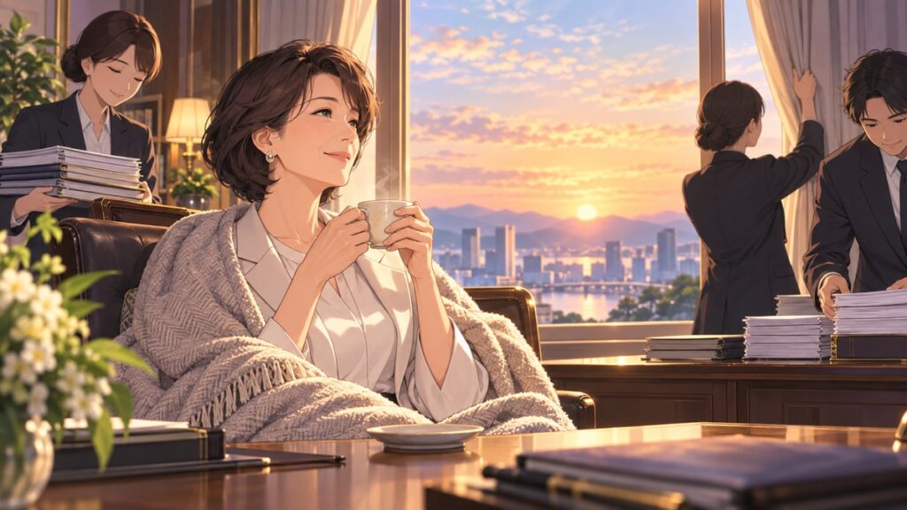 夜明けの執務室で休息を取る架空の成人女性指導者のアニメ風イラスト