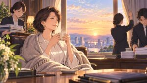 夜明けの執務室で休息を取る架空の成人女性指導者のアニメ風イラスト