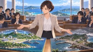 二つの安全保障政策を比較する成人女性のアニメ風イラスト
