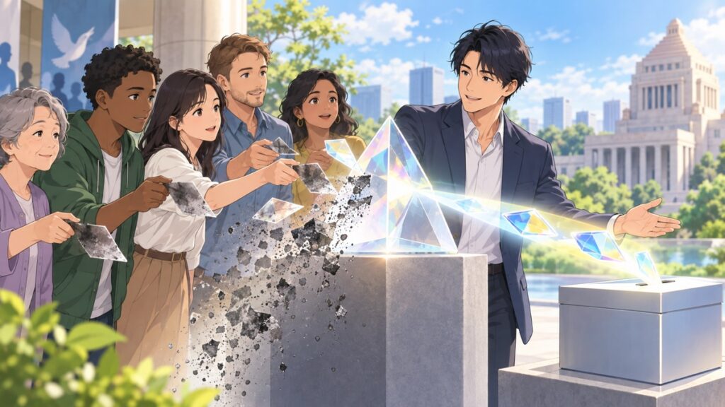 情報を検証して投票へ向かう成人市民のアニメ風イラスト