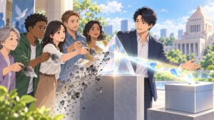情報を検証して投票へ向かう成人市民のアニメ風イラスト