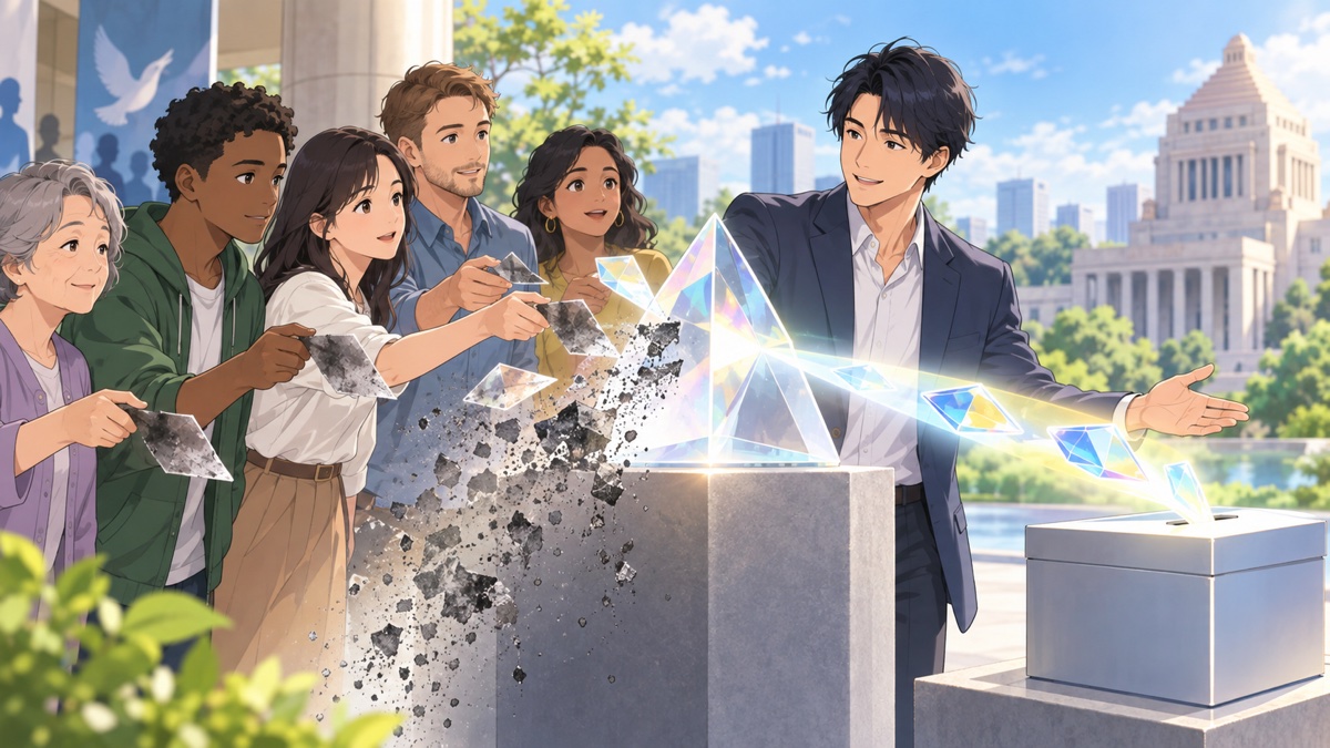 情報を検証して投票へ向かう成人市民のアニメ風イラスト