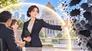 敬意ある対話と敵対的言動の境界を示す成人女性のアニメ風イラスト