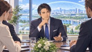 防衛の備えを背景に外交交渉する成人男性のアニメ風イラスト