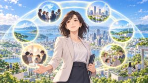 外交・経済・地域など総合的な安定で都市を守る成人女性のアニメ風イラスト