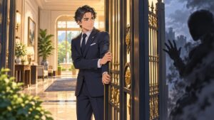 外交上の境界を静かに閉じる成人男性のアニメ風イラスト