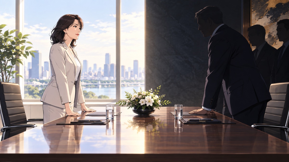対等な交渉の場で圧力に向き合う成人女性のアニメ風イラスト