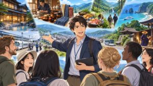 地域観光の多様な魅力を案内する成人男性のアニメ風イラスト