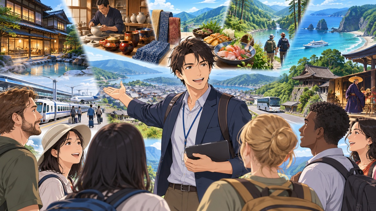地域観光の多様な魅力を案内する成人男性のアニメ風イラスト