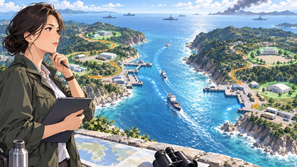 近い海峡の安全保障と避難経路を考える成人女性のアニメ風イラスト
