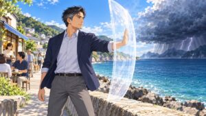 海峡の嵐に透明な盾を向ける成人男性のアニメ風イラスト