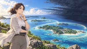 南の島々を守る光と覇権的圧力を見つめる成人女性のアニメ風イラスト