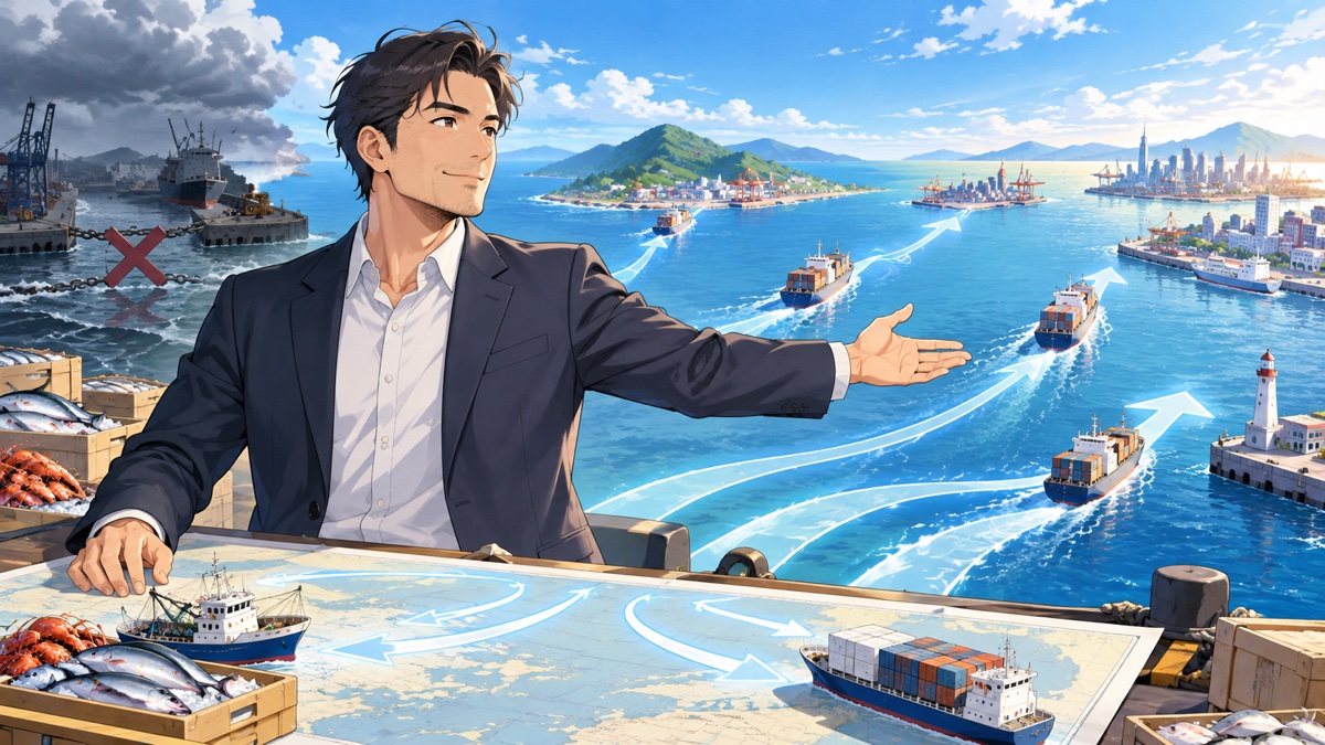 輸出先を複数の港へ分散する成人男性のアニメ風イラスト