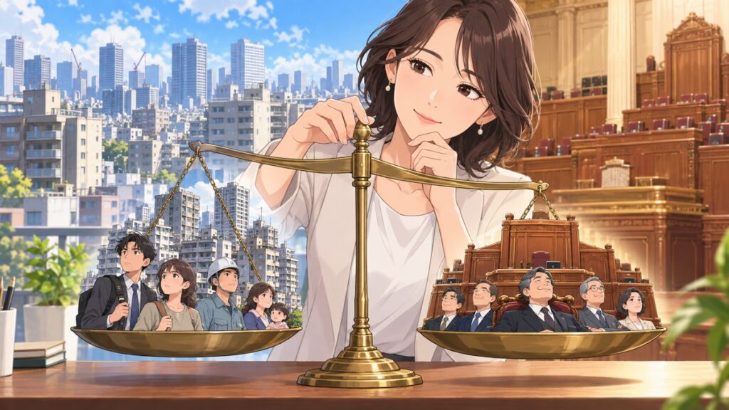 家計と政治家待遇の公平性を天秤で示す成人女性のアニメ風イラスト