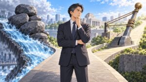 円安・国債・金利の制約を考える成人男性のアニメ風イラスト