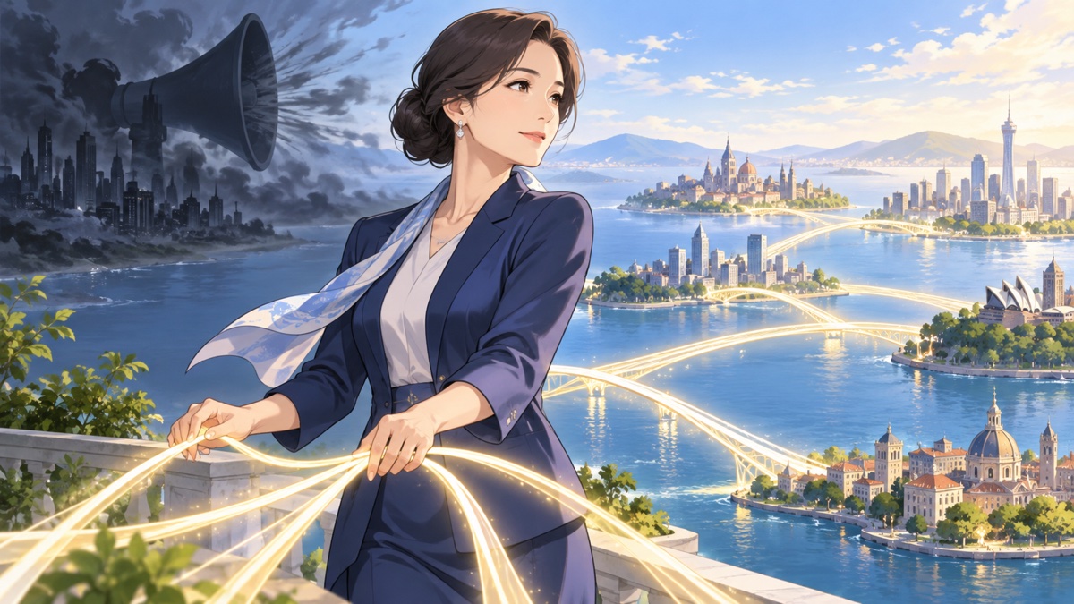 複数国との静かな協力関係を築く成人女性外交官のアニメ風イラスト