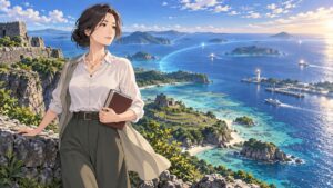 南西諸島の海岸と防衛の備えを見つめる成人女性のアニメ風イラスト