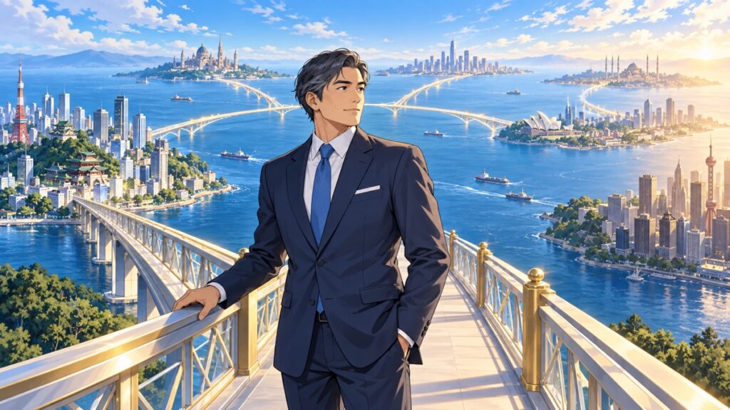 対等な外交と国際協力の広がりを表す成人男性のアニメ風イラスト