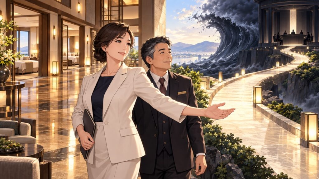 宿泊業への経済的圧力と責任の所在を示す成人女性のアニメ風イラスト