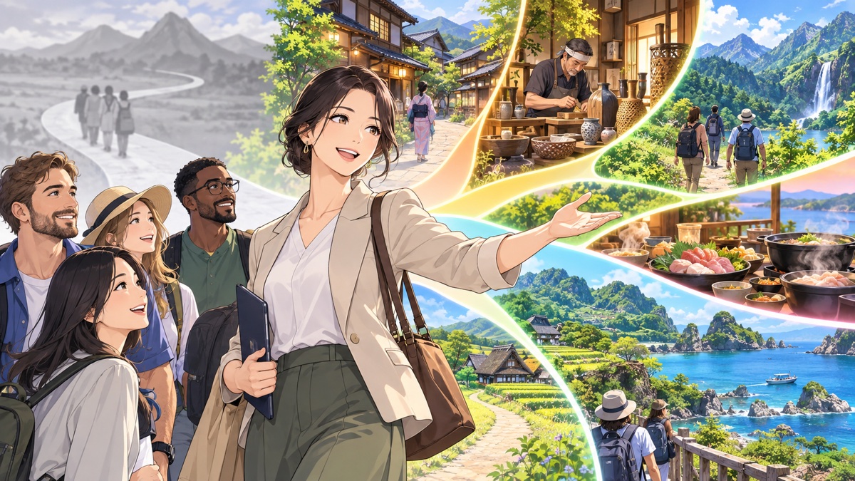 地域観光の多様な魅力を旅行者へ案内する成人女性のアニメ風イラスト