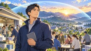 朝日の山間の町で防災と備えを見守る成人男性のアニメ風イラスト