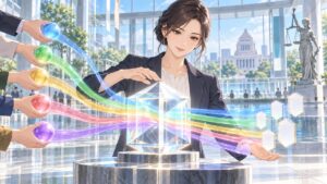 政治資金を透明な中央監査で可視化する成人女性のアニメ風イラスト
