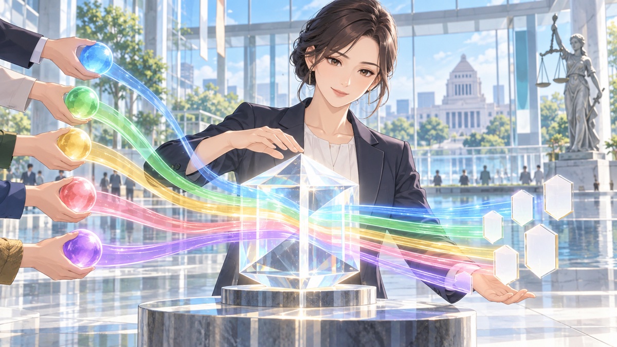 政治資金を透明な中央監査で可視化する成人女性のアニメ風イラスト