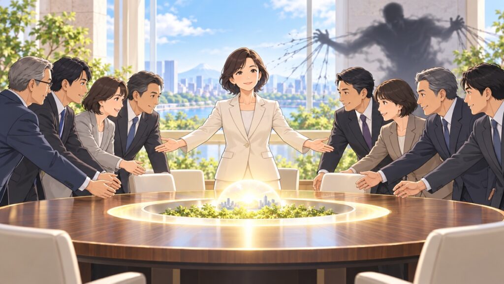 国内対立を抑え共通の国益へ導く成人女性政治調整役のアニメ風イラスト