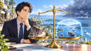 短期的な経済損失と台湾海峡の平和を比較する成人男性分析官のアニメ風イラスト