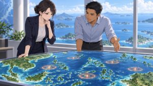 東南アジア各地の海洋紛争を広い視点で分析する成人男女のアニメ風イラスト